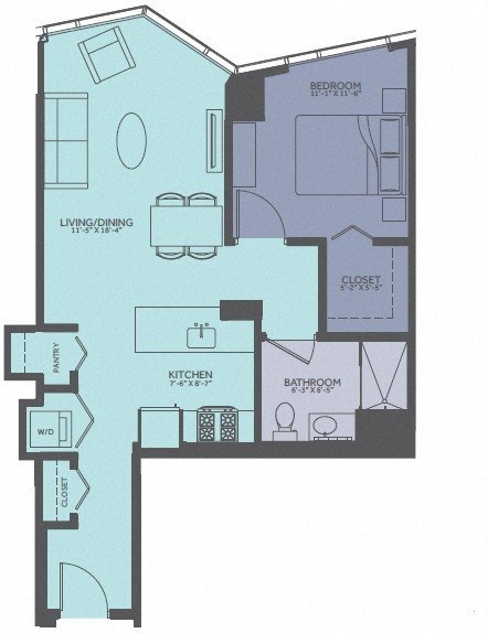 Floor plan for 1 bed, 1 bath, 735 sqft